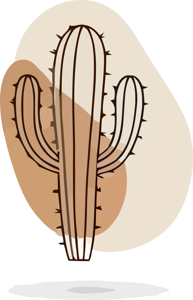 An abstract, minimalist line art illustration of a tall cactus with arms, filled with soft beige and tan colors, against a neutral background.