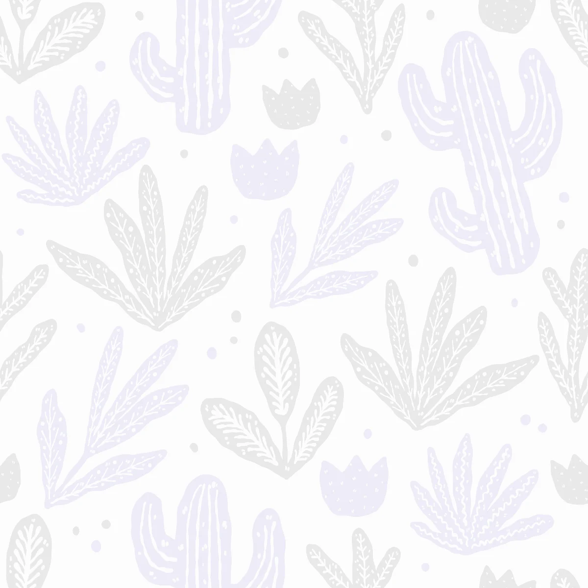 A repeating pattern of stylized cacti and succulents, rendered in soft lilac and light gray hues on a cream-colored background.