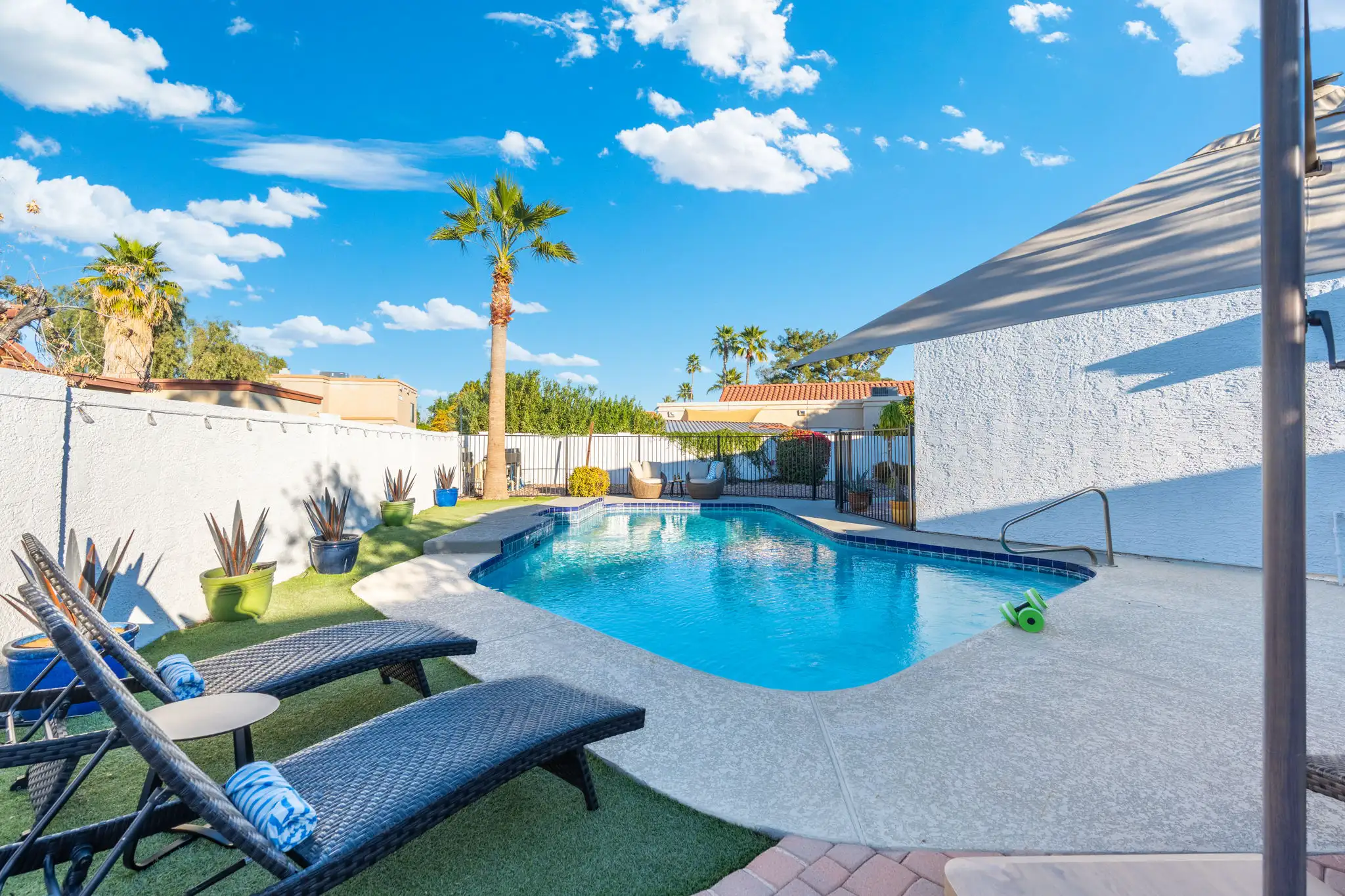 A sunny residential backyard featuring a clear blue swimming pool, two dark woven lounge chairs with towels, and a tall palm tree against a bright sky.