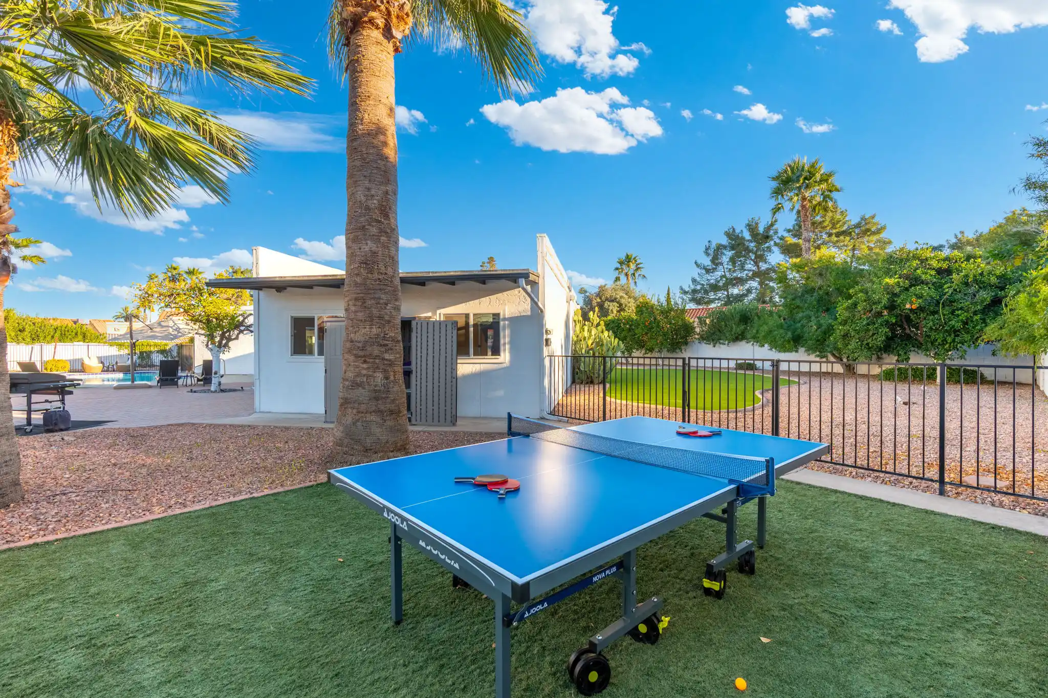 An outdoor blue ping-pong table with paddles and a ball is set up on artificial turf between two palm trees. A small white building and pool area are in the background.